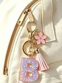 1pc Pink Glitter Letter Car Interior Hanging Ornament Phone Decoration Keychain, Cherry Blossom Tassel Flower Pendant, Suitable For Student Backpack, Holiday Gift For Friends, Valentine's Day, Halloween, Thanksgiving, Applicable To Any Occasion - Style C - View 3