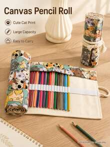 1 buah Kotak Pensil Gulung Kanvas Multi-Slot, Motif Kucing Kartun Lucu, Tas Penyimpanan Pensil Kapasitas Besar, Organizer Portabel untuk Sketsa, Menggambar, dan Mewarnai, Hadiah Mini untuk Kembali ke Sekolah dan Liburan Seni - Beraneka warna - View 5