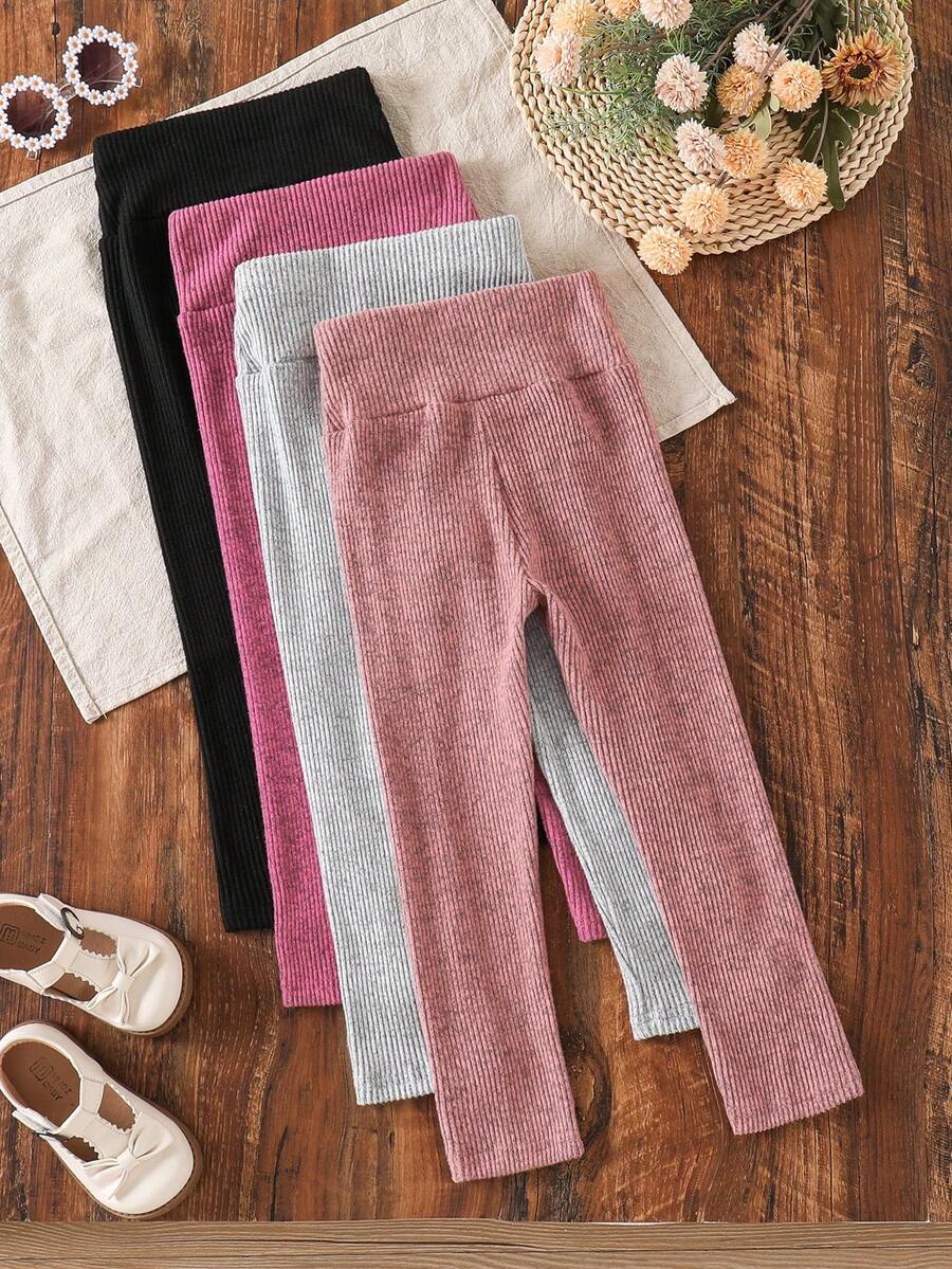 4pcs Girls Casual Solid Color Versatile Comfortable Elastic Leggings, Outdoor Autumn/Winter - Multicolor - View 1