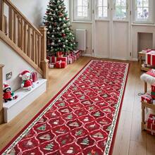 1Pc Red Christmas Pattern Runner Rug, Machine Washable Low Pile Long Hallway Carpet, Non Slip Festive Floor Mat With Snowman, Xmas Tree, Deer Print, Holiday Decor Rug For Kitchen Entryway Laundry Room Bedroom Home Decor - A - View 1
