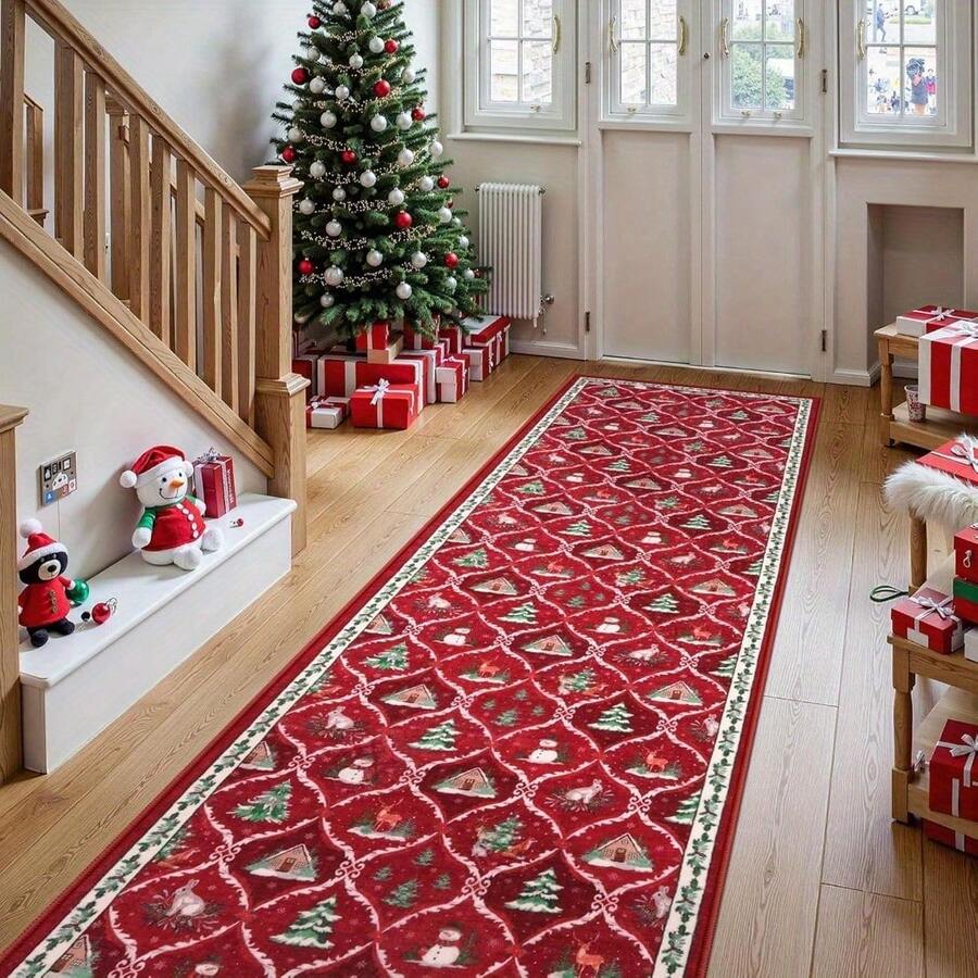 1Pc Red Christmas Pattern Runner Rug, Machine Washable Low Pile Long Hallway Carpet, Non Slip Festive Floor Mat With Snowman, Xmas Tree, Deer Print, Holiday Decor Rug For Kitchen Entryway Laundry Room Bedroom Home Decor - A - View 1