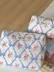 Sweet Pink Rose Blue Bow Lattice Pattern Quilted Cosmetic Bag, Portable Handheld Large Capacity Travel Makeup Organizer, Fashion Zipper Toiletry Storage Bag For Daily Trip Vacation - Multicolor - View 3