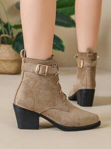 Women's Vintage Chunky Heel Western Ankle Boots, Faux Suede Lace-Up Pointed Toe Cowboy Boots, Fashion Outdoor Casual Ankle Boots - Camel - View 5