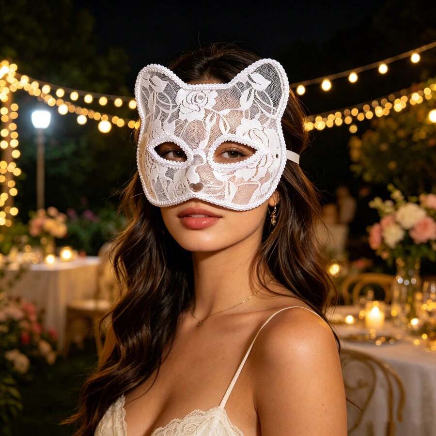 1 Set Black & White Lace Sexy Masquerade Mask, Decorative Cosplay Stage Performance Prop, Lace Erotic Women's Cat Face Mask, Perfect For Party & Ball Dress-Up, Mysterious Lace Mask - View 1