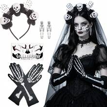 4Pcs Forever & Moment Halloween Black Skull Floral Hair Accessories Earrings Face Stickers Skull Gloves For Women Skeleton Bride Look Cosplay Party - Multicolor - View 2