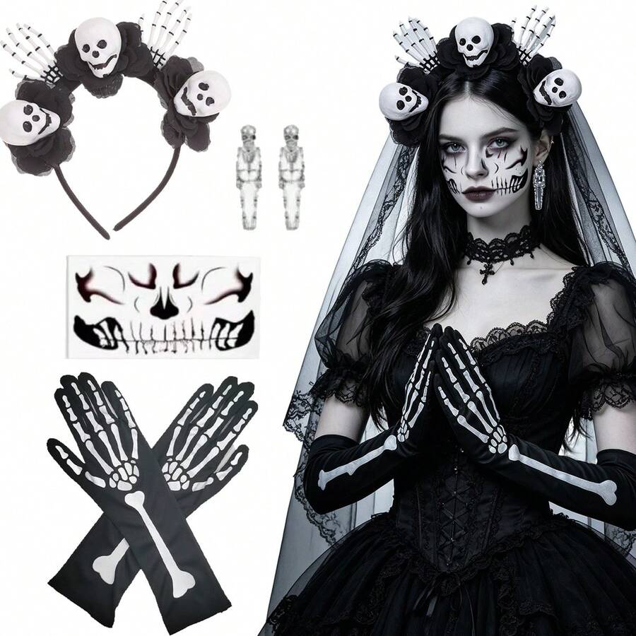 4Pcs Forever & Moment Halloween Black Skull Floral Hair Accessories Earrings Face Stickers Skull Gloves For Women Skeleton Bride Look Cosplay Party