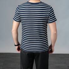 Men's Textured Striped Crew Neck Short Sleeve T-Shirt, Casual Breathable Summer Daily Wear Top - Navy Blue - View 2