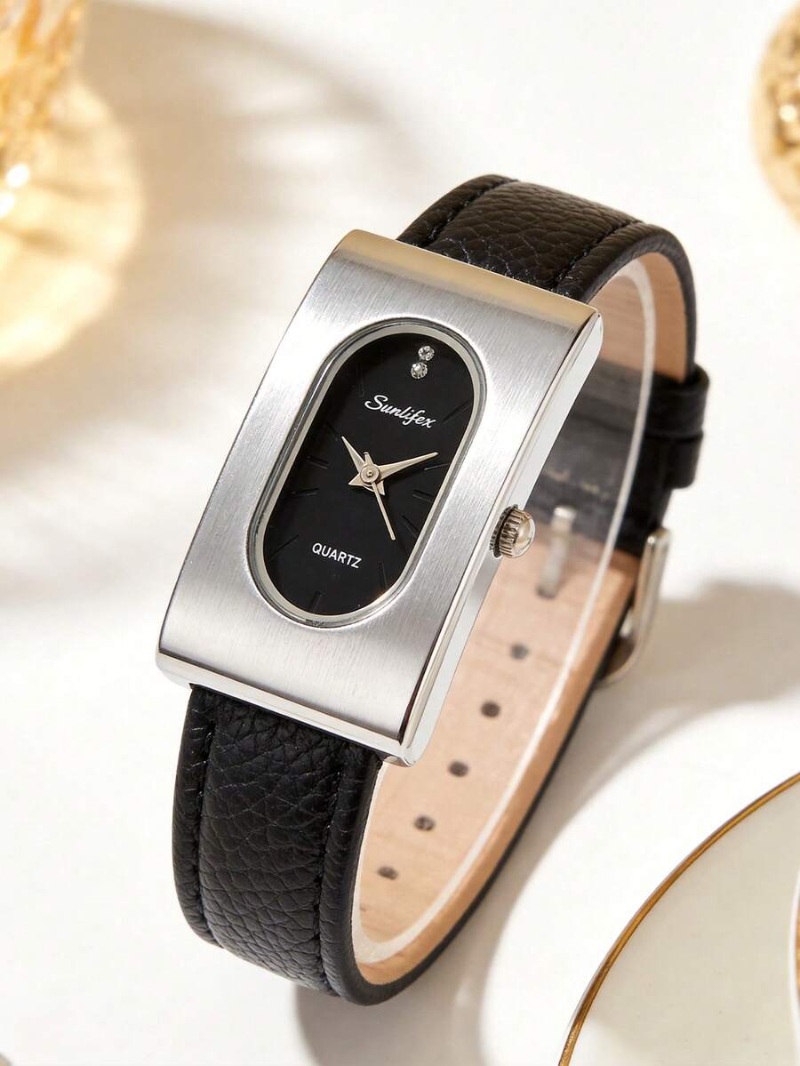 SUNLIFEX 1 Buah Jam Tangan Wanita Quartz Retro dengan Dial Persegi Panjang Oval, Tali PU, Tiga Warna Emas, Perak, dan Hijau, Jam Tangan Wanita Mewah Ringan untuk Perjalanan Sehari-hari - Hitam dan Putih - View 1