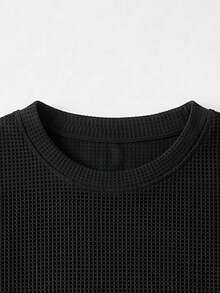 Black Waffle Knit Crew Neck Long Sleeve Sweatshirt & Wide Leg Sweatpants 2-Piece Set Men's Casual Sports Outfit - Black - View 6