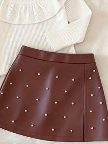 Young Girls' Fashion Cute 3D Bow Ruffle Trim Top And Stylish Studded PU Skort Set - White - View 6