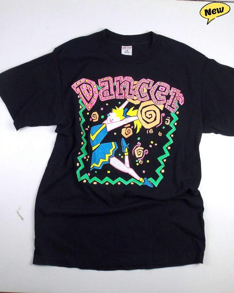 1980s Neon Pattern T-Shirt, Practice Team, Cheerleader, Dancer, Tops, Autumn, Unisex. - 黑色 - 查看 1