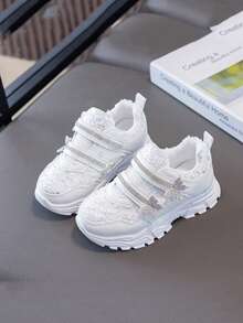 1 Pair Exquisite Girls' Lace Mesh Upper Shoes, Lightweight Breathable Non-Stuffy, Rhinestone Bow Decor, Sweet Princess Style Suitable For All Seasons And Long-Term Wear - White - View 3