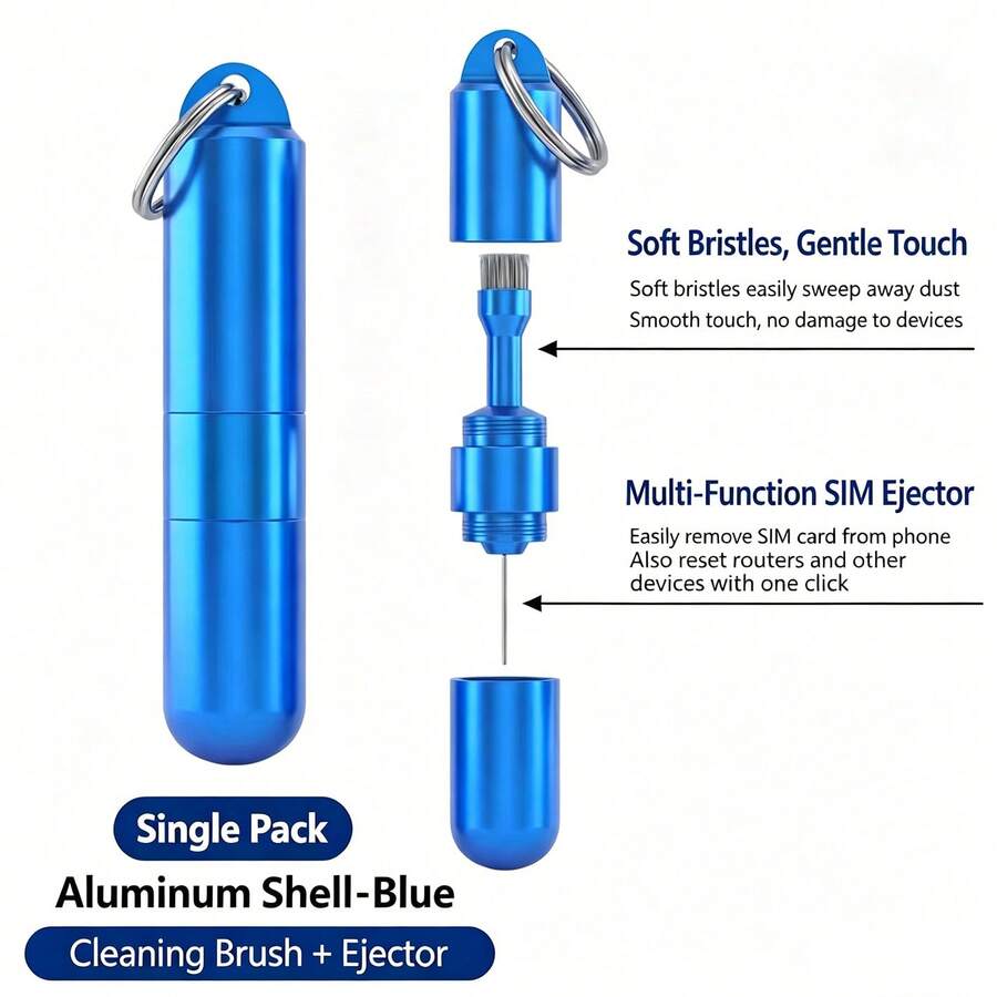2 In 1 Portable SIM Card Removal Pin With Soft Cleaning Brush, Keychain Aluminum Alloy Mini Multi-Function Charging Port Dust Remover For Cellphone & Wireless Earbuds, Blue