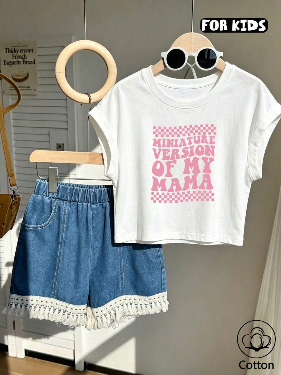 Girls' Summer Short-Sleeve T-Shirt, Fitted T-Shirt, Cotton Knit Fabric, Fashionable Street Style, Pink Checkerboard Print - White - View 1