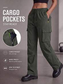 Women's Cargo Pants With Zipper Pockets And 3D Large Side Pockets, Quick-Dry Elastic Sports Joggers, Breathable Cargo Pants With Elastic Drawstring Waist, Tear-Resistant Multi-Pocket Outdoor Sports Long Pants - Army Green - View 1