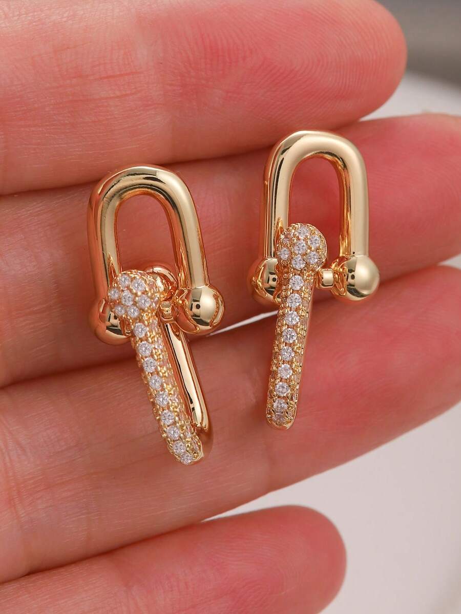 高品質 925 純銀鍍銅與 14K 金,0.03μm 厚鋯石,優雅馬蹄扣女款耳環,適合夏季 - 金色 - 查看 1