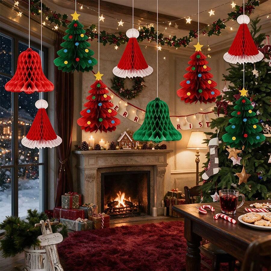 Christmas Honeycomb Hanging Decorations, Paper Christmas Tree Santa Hat Bell Ornaments, Festive Holiday Ceiling Decor For Christmas Party Home New Year Celebrations - Multicolor - View 1