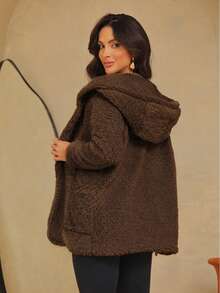 Women's Teddy Jacket With Hood And Lined Pockets - 咖啡棕 - 查看 2