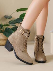 Women's Vintage Chunky Heel Western Ankle Boots, Faux Suede Lace-Up Pointed Toe Cowboy Boots, Fashion Outdoor Casual Ankle Boots - Camel - View 2