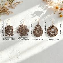 4 Pairs Women's Daily Vacation Commute Hollow Vintage Fashion Carved Personalized Wooden Dangle Earrings - Gold Hoop Earrings - View 4