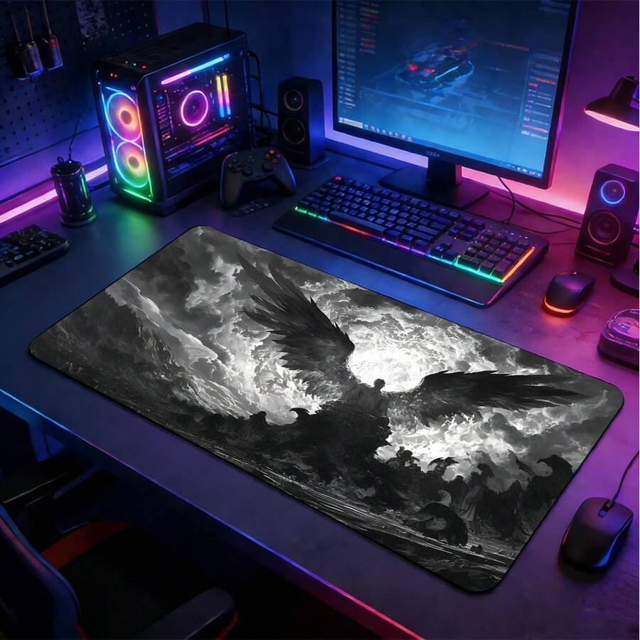 1pc Extra Large Black & White Cloud Sea Wing Silhouette Pattern Mouse Pad, Soft Cloth Keyboard Mat With Anti-Slip Rubber Base And Stitched Edges. Dark Epic Cloud Mist Wing Oil Painting Aesthetic Keyboard Mat With Anti-Slip Rubber Base And Stitched Edges, Suitable For Gaming, Home Office And Study Scenarios. - View 1