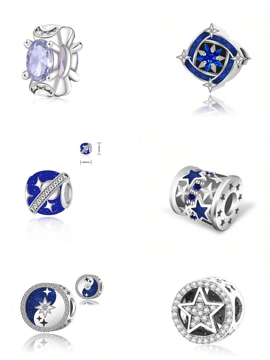 1pc Dreamy Starry Sky Silver Hollow Bead, Blue Glitter Enamel Planet, Shooting Star, Pentagram Rhinestone DIY Bracelet Beads, Romantic Galaxy Universe Style Women's Jewelry Gift For Best Friend - Royal Blue - View 1