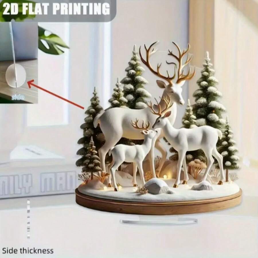 1pc 2D Acrylic Decorative Ornament, Elegant Deer Family, Peaceful Forest Snow Landscape, Perfect Holiday Decoration, With Base, No Power Required - A - View 1