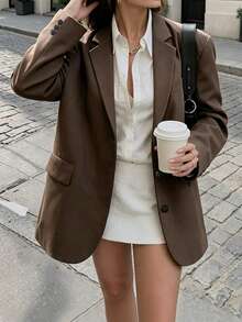 Women's Autumn/Winter Fashion Light Commute High-Quality Oversized Padded Shoulder Cuff Slit Single-Breasted Mid-Length Long Sleeve Blazer Jacket With Lining - Coffee Brown - View 3