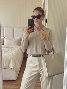 Women's Autumn/Winter Commute Office Workplace Outfit, Ribbed Hem Elegant Social Autumn Sweater - Khaki - View 10