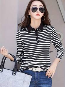 Women's Autumn Striped Colorblock Patchwork Striped Collar Long Sleeve T-Shirt, Button-Up Polo Neck Base Layer Top - Black - View 5