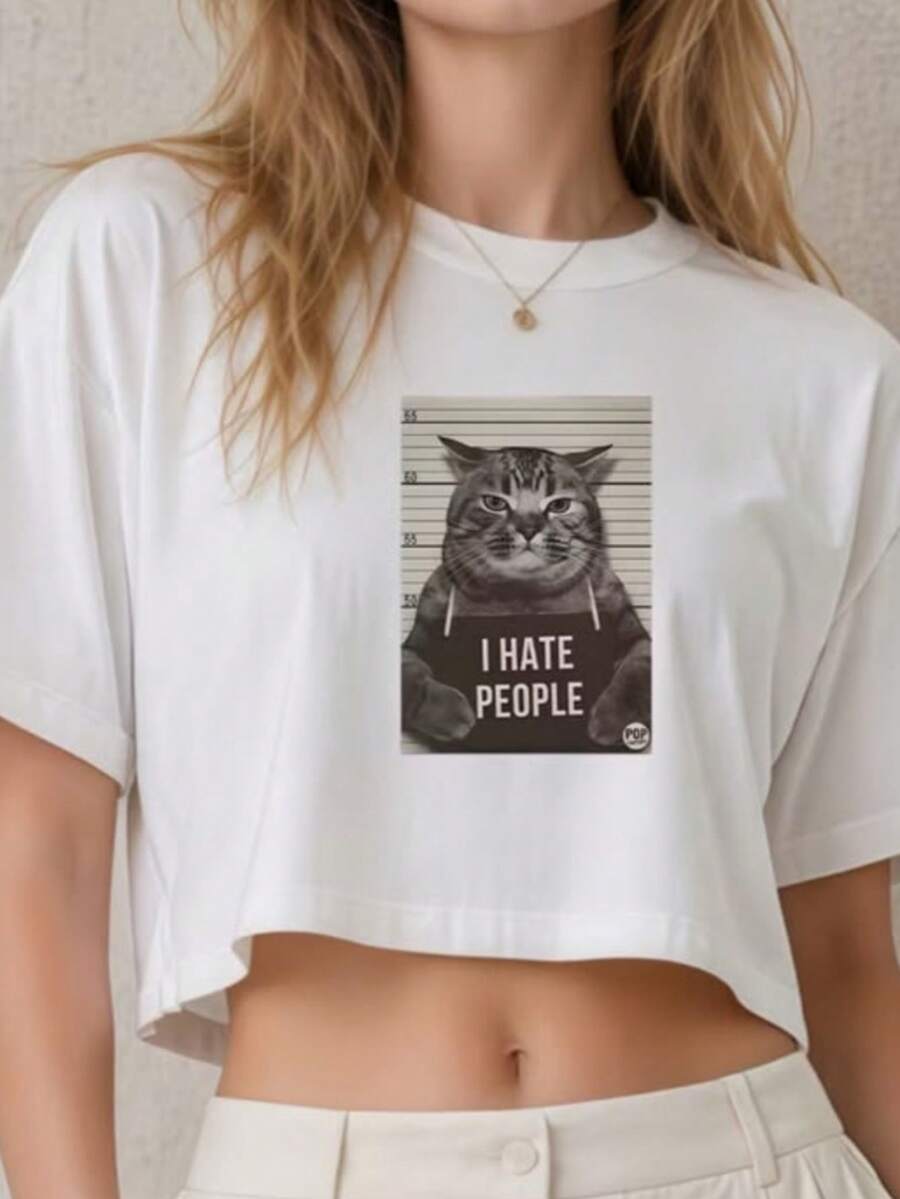 Cropped feminino unissex estampado gato fashion estiloso tecido fresco leve confortável todas as ocasiões verão dia a dia divertido - Branco - Visão 1