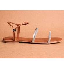 Sandália Feminina Casual Rasteira Tiras Finas Bico Quadrado Elegante Leve Confortável Moda Feminina - Marrom - Visão 2
