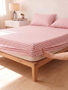 1件裝粉色格紋床墊保護套床單，柔軟透氣，適用 Twin XL/Full/King/Queen 尺寸床墊，深口袋可適用至 11.8 英吋，返校宿舍床上用品 - 粉色 - 查看 5