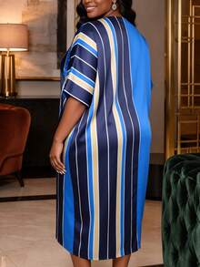 AOMEI Elegant African Style Women's Color-Block Satin Striped Midi Bubu Dress, Loose Fit With Pockets, Perfect For Church And Formal Occasions - Navy Blue - View 3