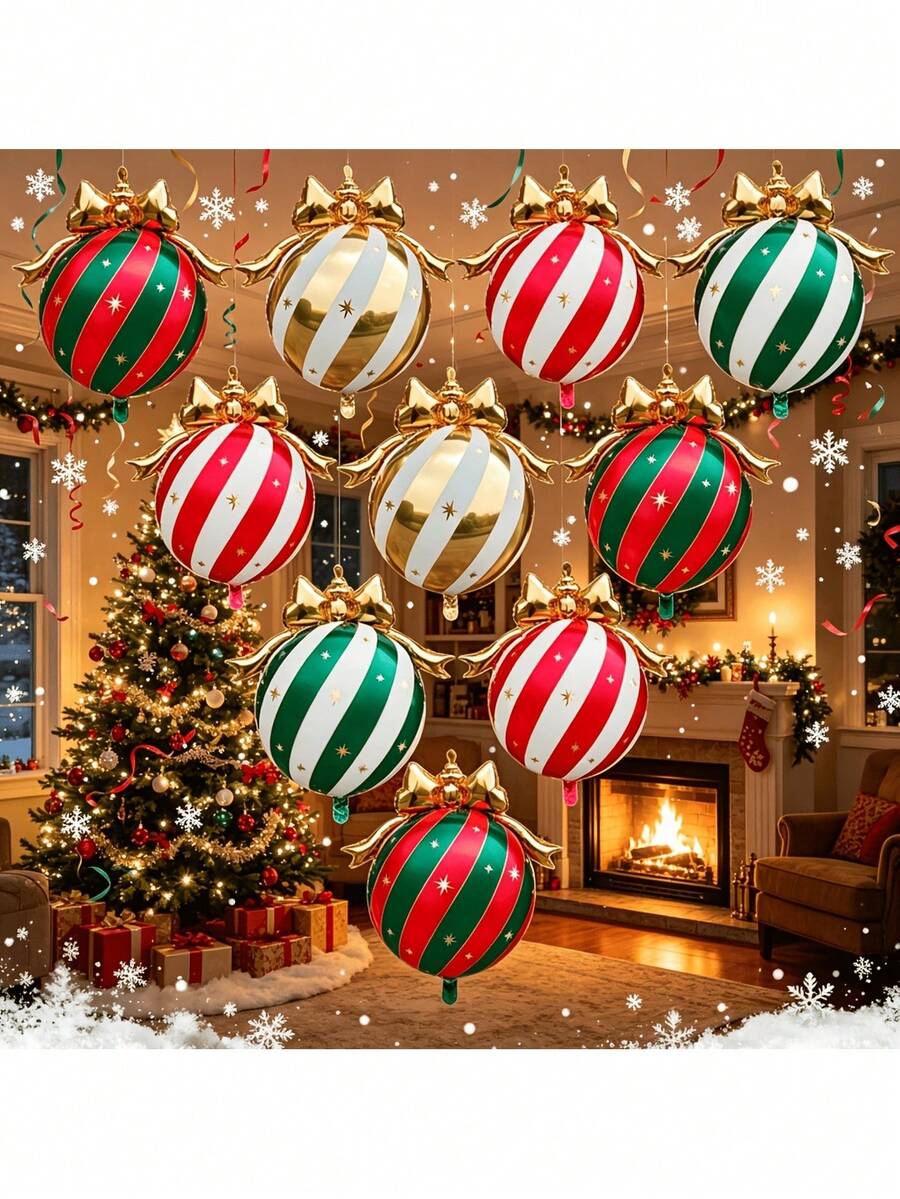 4pcs 80cm Christmas Bow Colorful Hanging Ball Set, Classic Red And Green Striped Design Full Of Holiday Atmosphere, Suitable For New Year, Christmas, Birthday Home Decor, Yard Decoration, Party Photo Props - View 1