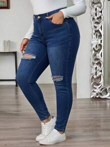 Curvy Size-Pantalones pitillo de mezclilla lavados con roturas, ajustados y elasticidad media - Azul lavado oscuro - Ver 4