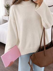 Women's New Autumn/Winter White Round Neck Sweater, Loose Drop Shoulder Slouchy Knit Base Layer Top - Off White - View 4