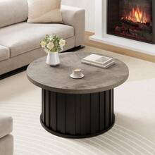 Mesa de centro redonda moderna - Diseño acanalado mid century con base metálica - 81 cm, ideal para salón, espacios pequeños y apartamentos - 50-90cm - Ver 3