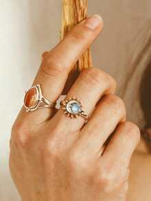 1pc Silver Sun Moon Labradorite Ring, Bohemian Celestial Round Natural Stone Thin Band Women's Ring, No Box - Silver - View 3
