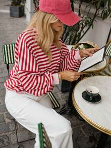 Women's Casual Sweatshirt For Spring, Autumn And Winter, Cute Casual Red Backless Design With Striped Print, Round Neck Colorblock Y2K Long Sleeve Top - Red - View 6