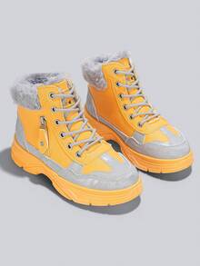Flipark 1 Pair Women's Yellow & Gray Color Block Thermal Lined High-Top Boots, Side Zipper Thick Sole Warm Cold-Proof Snow Boots - Yellow - View 6