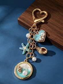 1Pc Ocean Keychain, Bag Charm, Shell Ornament, Heart Clasp Keyring, Alloy Pendant, Handbag Accessory, Coastal Decor, Travel Charm, Gift Ornament - Multicolor - View 8