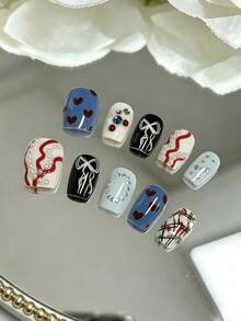 10 piezas de uñas postizas cuadradas cortas hechas a mano, estilo vintage soft girl, Y2K pintadas a mano con lazo rojo, corazón, lazo negro, lazo blanco, purpurina grande, coloridas, con strass y perlas, set de uñas postizas para dedos - Multicolor - Ver 10