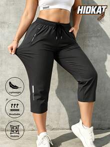 Hidkat Women's Summer Capri Pants With Elastic Waist, Drawstring, Zipper Pockets, Outdoor Casual Sports Gym - Black - View 2