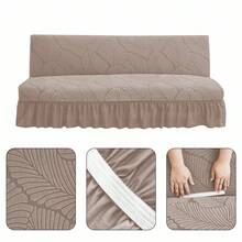 Futon Sofa Bed Cover With Ruffled Skirt, Stretch Jacquard Big Leaf Pattern Elastic One-Piece Slipcover, Machine Washable Furniture Protector For Living Room - Khaki - View 10