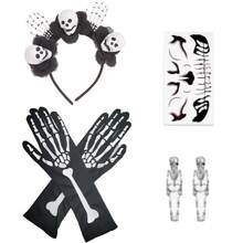 4Pcs Forever & Moment Halloween Black Skull Floral Hair Accessories Earrings Face Stickers Skull Gloves For Women Skeleton Bride Look Cosplay Party - Multicolor - View 11