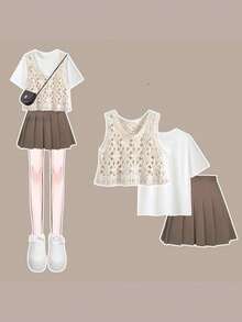 Cardigan + White T-shirt + Brown Pleated Skirt