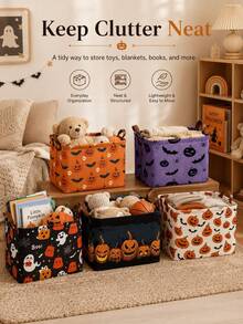 Halloween Style, Rectangular Pumpkin Bat Print, Dual Handle Storage Organizer Bin For Toys Blankets Books, Home Party Living Room Autumn Season. - Multicolor - View 1