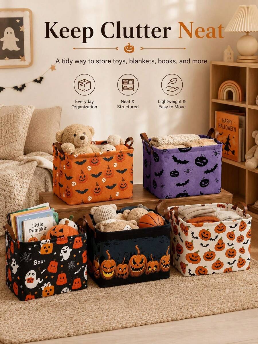 Halloween Style, Rectangular Pumpkin Bat Print, Dual Handle Storage Organizer Bin For Toys Blankets Books, Home Party Living Room Autumn Season. - Multicolor - View 1