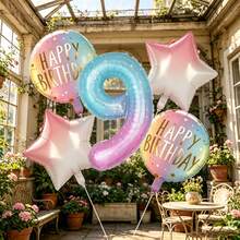 7pcs Gradient Number Foil Balloons With "Happy Birthday" Round Pattern And Pink & White Star Design, Free Adhesive Straws Included, Suitable For Kids Birthday, Baby Shower, Girls Party And Photo Backdrop - View 19